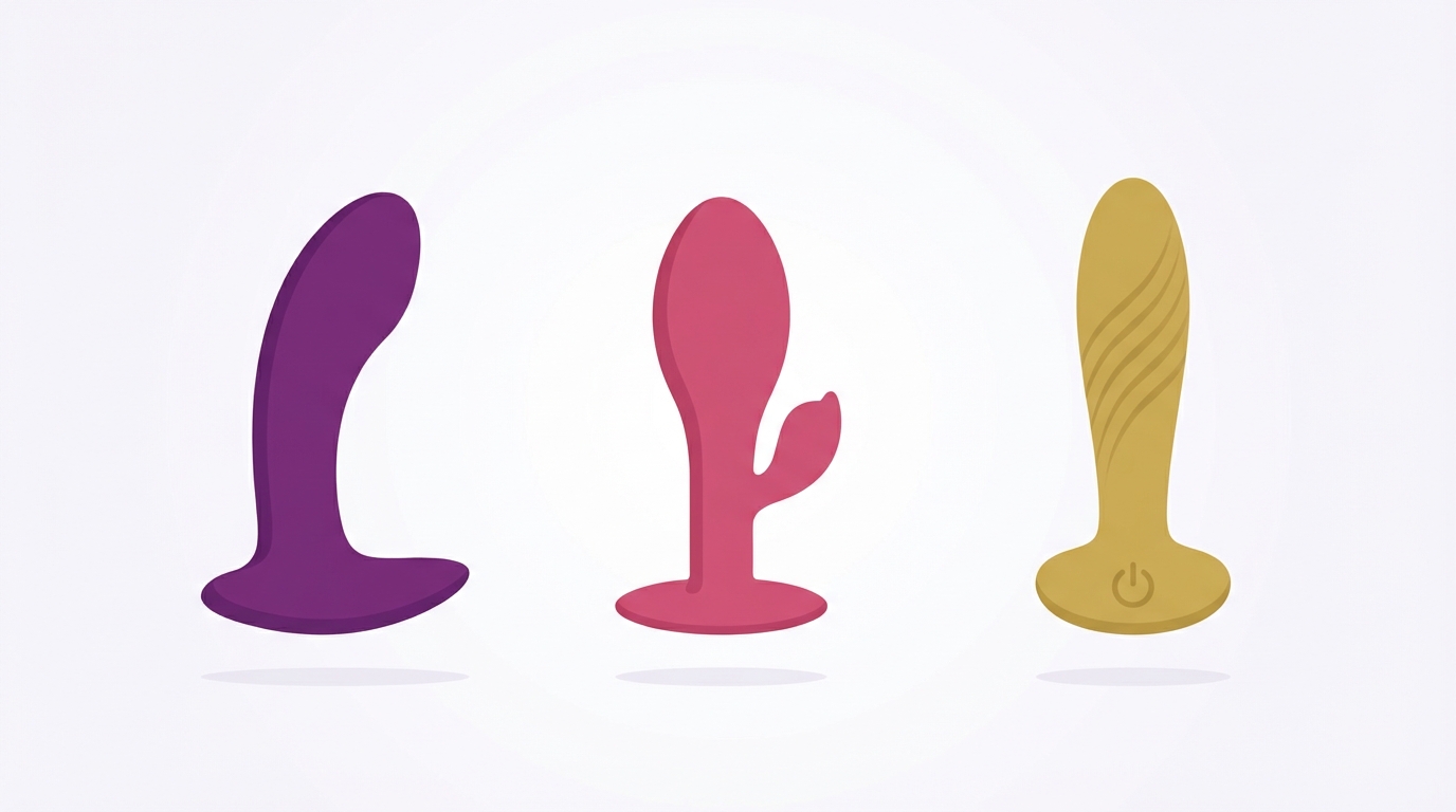 Trois types de masseurs prostatiques — courbe classique, bulbe avec tab perineal, design nervure vibrant